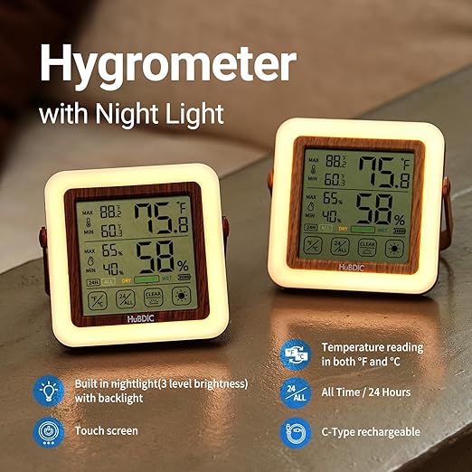 HuBDIC HubiBaby Digital Hygrometer Indoor Thermometer Humidity Meter Room Thermometer, Humidity Monitor for Home, Bedroom, Baby Room, Office, Greenhouse, Cellar, Portable Nightlight (Dark Wood)