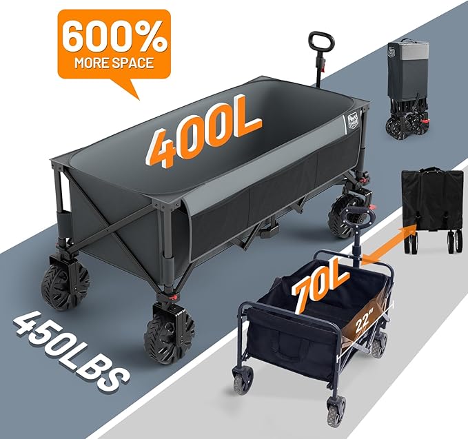 TIMBER RIDGE 51.2" Extended Collapsible Wagon - Heavy-Duty Utility Cart with All-Terrain Wheels, Brakes & Cargo Net, 400L Capacity for Camping, Sports & Shopping, Grey