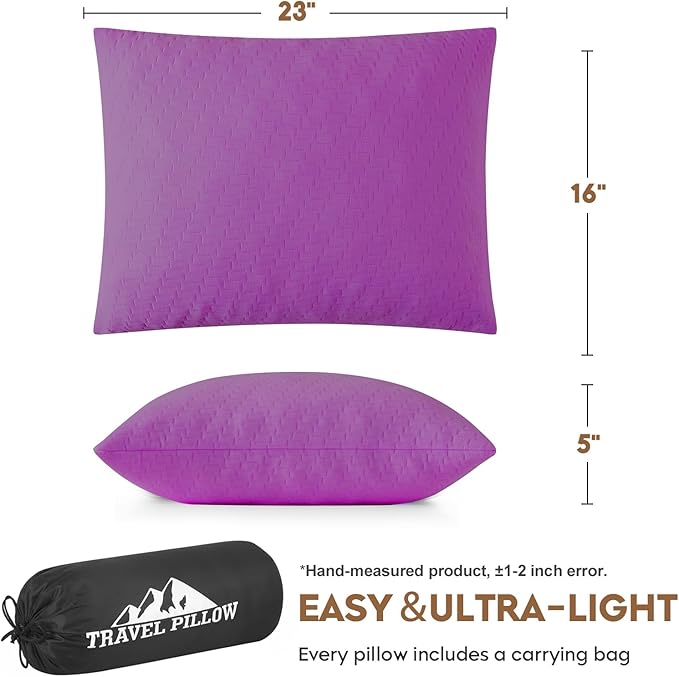 Small Shredded Memory Foam Pillow, Camping Pillow Travel Pillow - Compressible Medium Firm, Breathable Cover, Ideal Backpacking Hiking, Airplane and Car (Purple, L)