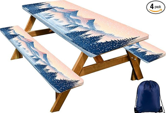 CAPSCEOLL Elastic Picnic Table Cover with Bench Covers 5Ft Waterproof Fitted Picnic Table Cover Cloths for Outdoors Camping Tablecloth with Drawstring Bag, 60X30in, Snow Mountain