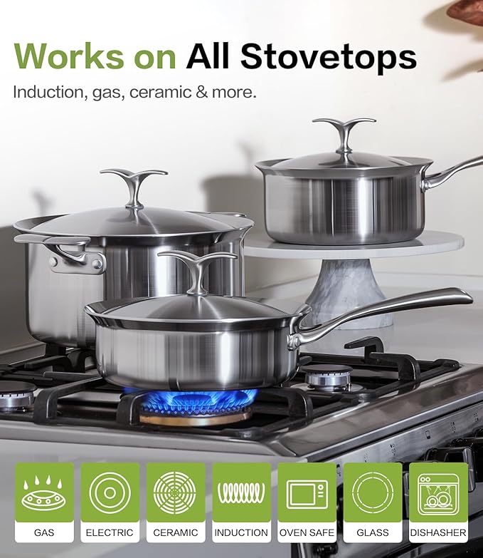 Saucepan with Lid 5-Ply Stainless Steel Sauce Pans, 3 Quart Small Pot for Sauce, Milk & Boiling, Induction Compatible, Oven Dishwasher Safe, Works on All Stovetops Non Toxic, PTFE & PFOA Free