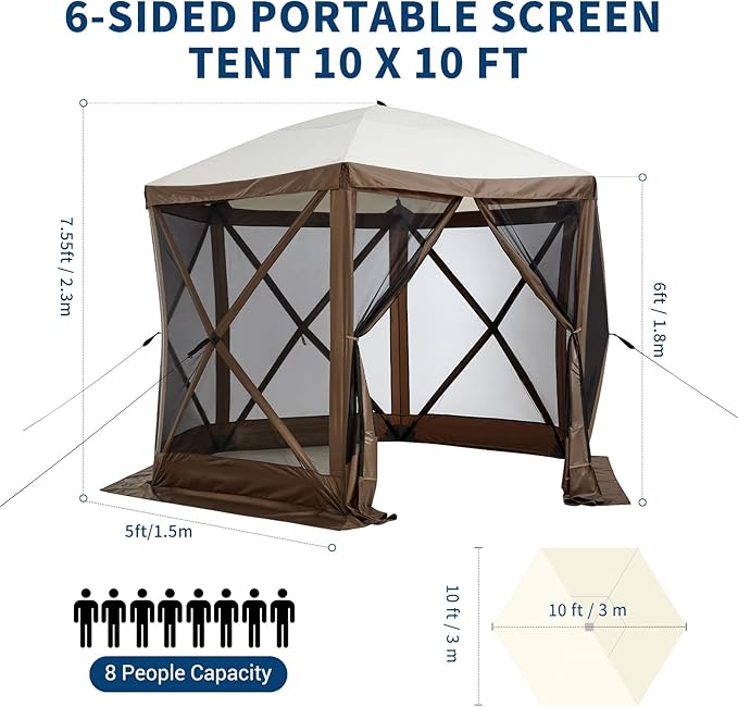 10x10FT Portable Gazebo Tent with Mosquito Netting - Instant Setup Canopy Shelter, 6 Sidewalls & Carry Bag, Stakes for Camping, Backyard, Lawn Events