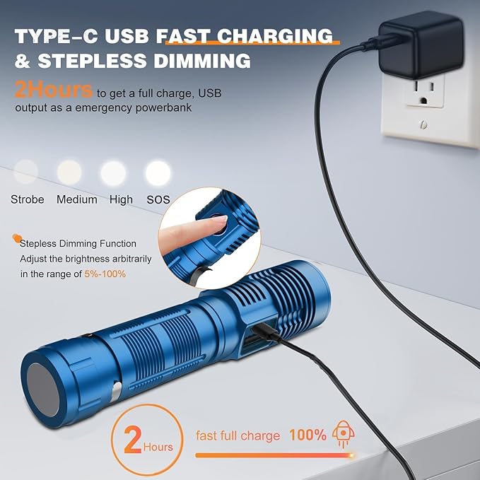 Small Tactical Flashlights High Lumens - 1500 Meters Long Beam Super Bright LED Magnetic Flashlight USB Rechargeable Zoomable 5Modes Long Beam Spotlight Flashlight for Hiking, Camping-Blue