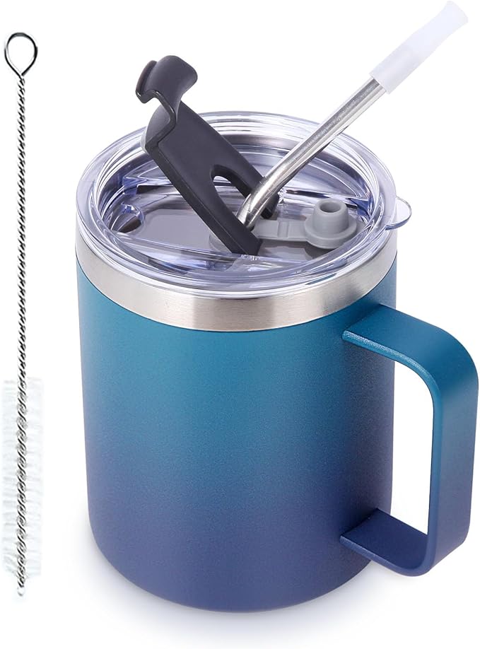 Volhoply 12oz Insulated Leakproof Coffee Mug with Flip & Straw Lid,Double Wall Vacuum Stainless Steel Travel Tumbler Cup with Handle,Reusable Camping Mugs Keep Cold/Hot(Dark Night,1 Set)