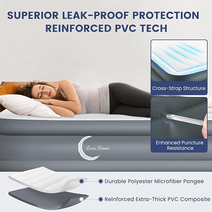 Eclipse Series Queen Air Mattress with USB Rechargeable Built-in Pump, Wireless Inflatable Airbed, Durable Leakproof Design, Portable for Home & Camping