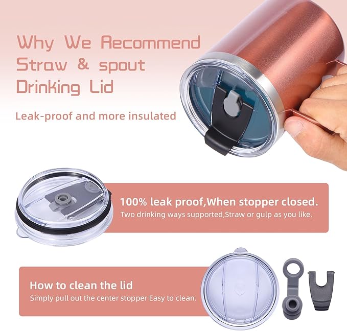 Volhoply 12oz Insulated Leakproof Coffee Mug with Flip & Straw Lid,Double Wall Vacuum Stainless Steel Travel Tumbler Cup with Handle,Reusable Camping Mugs Keep Cold/Hot(Rose Gold,1 Set)