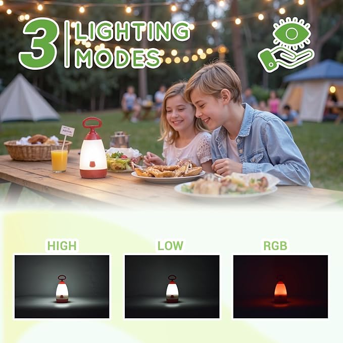 Kids Camping Lantern & Night Light Battery Powered, 360° Eye-Safe Light (AAA Included), IPX4 Waterproof with RGB Modes Portable for Outdoor, Emergency & Bedtime, Gift for Children (Red)
