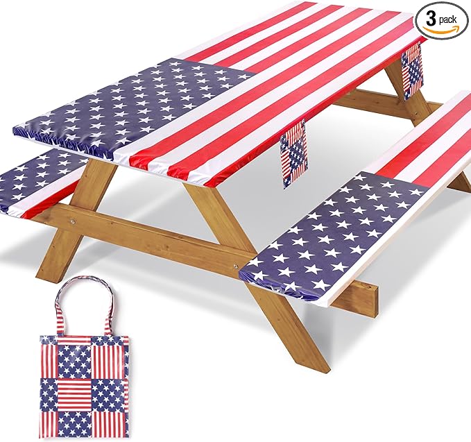 Picnic Table Cover with Bench Covers Fitted Elastic Non Slip Water Resistant Camping Tablecloths for 6 Foot Rectangular Tables Travel Trailer Gadgets Summer Garden Supplies Gifts for Couples