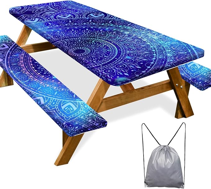 Picnic Table Cover with Bench Covers Camping Essentials Waterproof Windproof Camping Tablecloth with Drawstring Bag, Fitted Rectangle Tables and Seats, 72in, Blue Purple