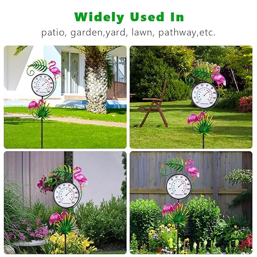 Outdoor Thermometer, No Battery Needed Outside Thermometer with Garden Stake, Flamingo Wall Thermometer for Yard Patio Decor