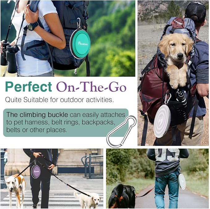 Pawaboo Collapsible Dog Bowls 2 Pack, Silicone Feeding Watering Bowls with Lids & Carabiners for Dogs Cats, Portable Collapsable Water Feeder Food Bowl for Walking Traveling Home Use, VioletTurquoise