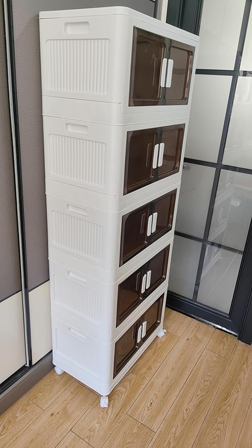 80 Gals Storage Bins with Lids - Folding Storage Box with Doors and Wheels, Collapsible Plastic Bins for Closets, Stackable Storage Organizer, (Extra Large-5Tiers)