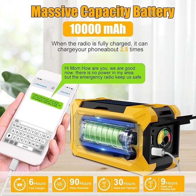 10000mAh Emergency Hand Crank Radio with LED Flashlight, AM/FM NOAA Portable Weather Alert Radio, Solar Powered with Phone Charger, USB Charged, Headphone Jack, SOS Alarm, Compass (Yellow)