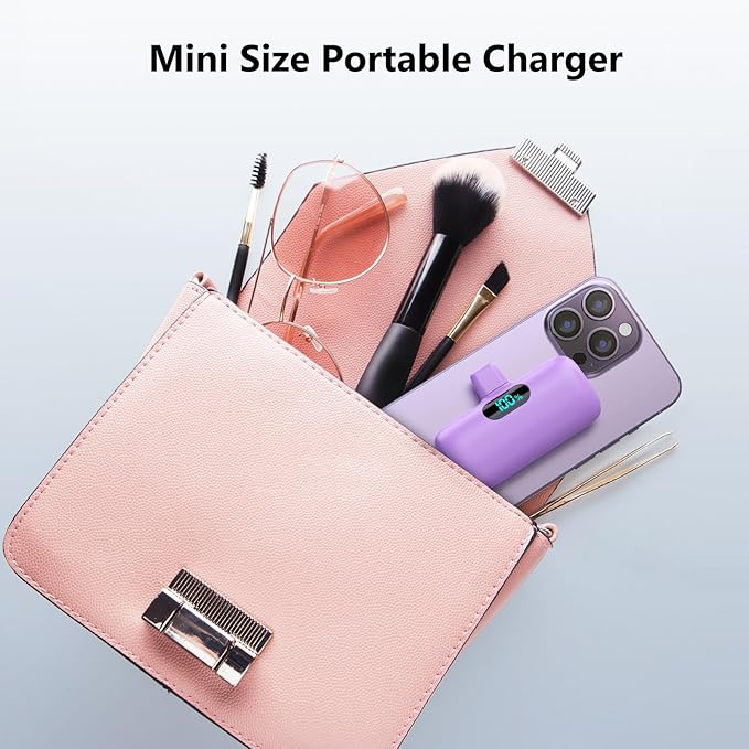 Mini Portable Charger USB C Power Bank,Upgraded 5000mAh PD Fast Charging Battery Pack Built-in USB-C Connector,LCD Display,Compatible with iPhone16,16 Plus,16Pro/Max/15,iPad Pro/Air (Deep Purple)