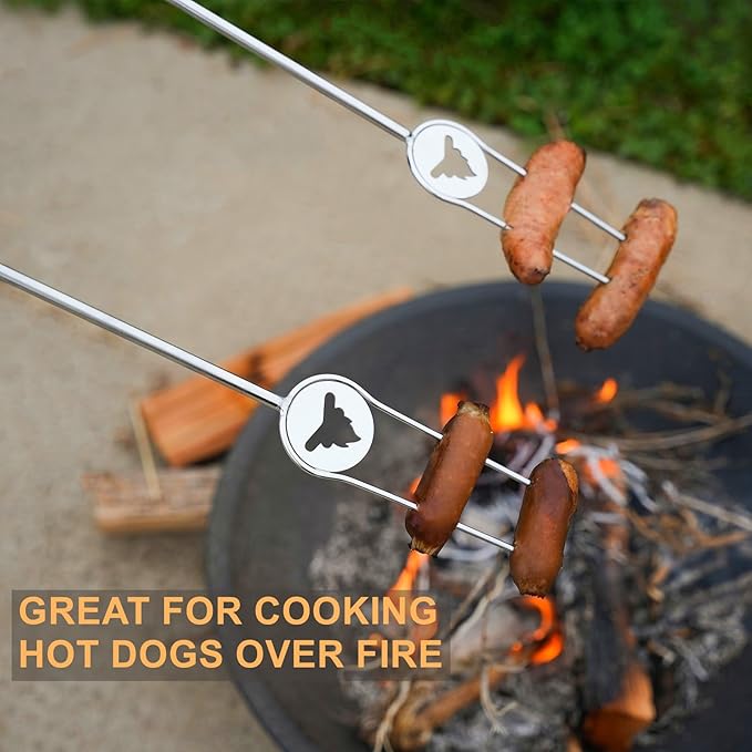 Heavy Duty Hot Dog Roasting Sticks for Campfire, Extendable Marshmallow Sticks for Fire Pit, 32" Long Smores Sticks, Stainless Steel Skewers for Hotdogs and Smores, Beech Wood Handle, 4 Pack