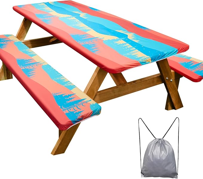 Picnic Table Cover with Bench Covers Camping Essentials Waterproof Windproof Camping Tablecloth with Drawstring Bag, Fitted Rectangle Tables and Seats, 60in, Red Blue