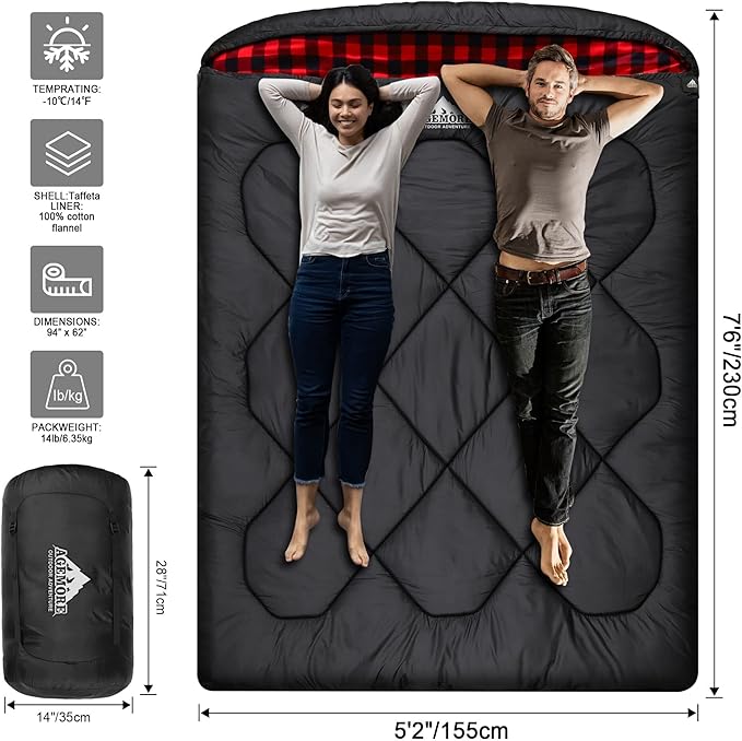 AGEMORE 0 Degree Double Sleeping Bag for Adults, Cotton Flannel Lined 2 Person Queen Size Warm Sleeping Bag for Family Winter Camping or RV Traveling