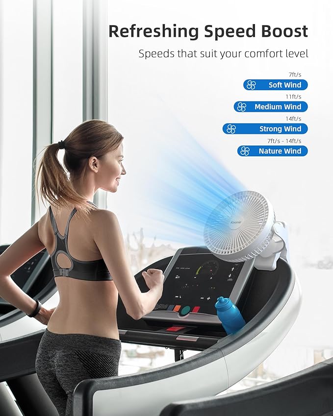 Koonie Portable Clip on Fan, 8-Inch 10000mAh USB Rechargeable Battery Operated, 4 Speeds, Strong Airflow, Sturdy Clamp for Office Desk Golf Car Outdoor Travel Camping Tent Gym Treadmill