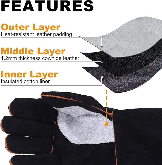 TOPDC Welding Gloves 14 Inches Fire/Heat Resistant Leather For Mig,Tig,Stick,Forge,BBQ,Grill, Fireplace,Wood Stove, Furnace,Pot,Oven