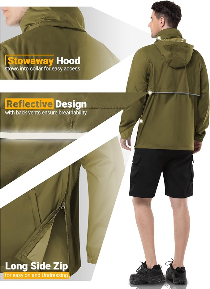 Outdoor Ventures Men's Rain Jacket Waterproof Lightweight Packable Rain Pullover for Hiking Golf Running