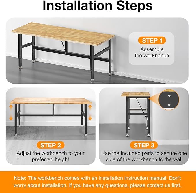 72” Folding Workbench, 3000 LBS Capacity Heavy Duty Workbench, Height Adjustable Foldable Work Table, Rubberwood Collapsible Desk for Workshop, Garage, Office, Home