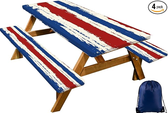 CAPSCEOLL Elastic Picnic Table Cover with Bench Covers 5Ft Waterproof Fitted Picnic Table Cover Cloths for Outdoors Camping Tablecloth with Drawstring Bag, 60X30in, Red Blue