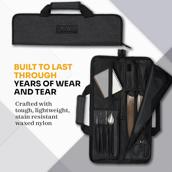 Asaya Chef Knife Roll Bag - 12 Pockets for Knives and Kitchen Utensils - Lightweight, Durable, and Stain Resistant Nylon - Perfect for the Traveling Chef - Knives not Included