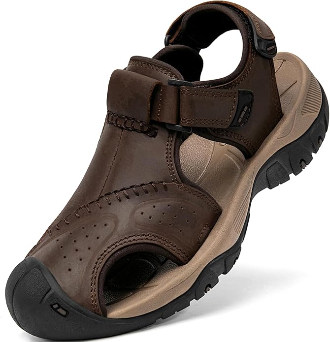 Men's Sport Sandals Closed Toe Leather Hiking Athletic Walking Outdoor Beach Trail River Fishing Water Shoes Lightweight Comfortable Waterproof
