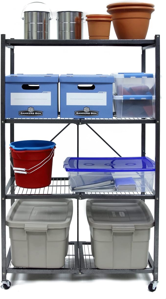 Origami 2-Pack R5 Series Foldable 4-Tier Steel Storage Rack, Pewter – Heavy-Duty Metal Shelving Unit w/ Removable Wheels for Laundry Room or Garage – Rolling Organizer for Home, Office & Warehouse