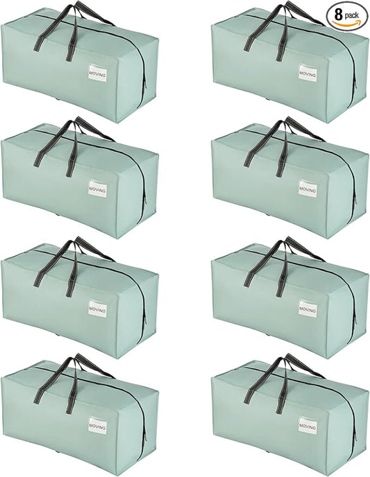 VENO 8 Pack Moving Bags w/Backpack Straps, Heavy Duty, Moving Boxes Alternative, Packing Supplies, Large Storage Totes for Dorm Room Essentials with Zipper for Clothes (Light Green Matte, 8 Pack)