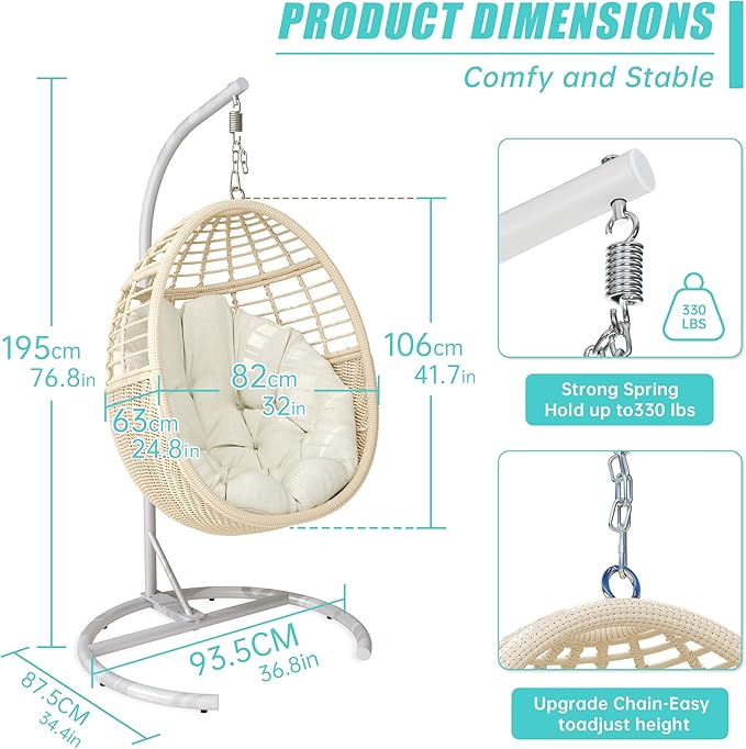 Egg Swing Chair with Stand: Hand Woven PE Rattan Hanging Chairs Hammock - Indoor Outdoor Swinging Lounger with Soft Cushion for 330lbs Patio Balcony Garden Living Room Bedroom Porch, Beige