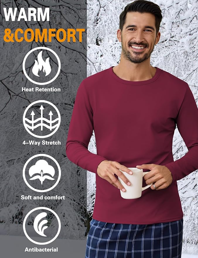 URRU Thermal Underwear for Men High Stretch Fleece Lined Long Sleeve Crewneck Thermal Shirts Base Layer Top Men Cold Weather