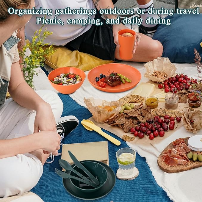 Camping Mess Kit for 4 with Bowl, Plate, Cup, Spoon, Fork, Knife and Carry Bag, Plastic Camping Accessories Essentials Gear for Travel, Picnic, Outdoor, Easy to Carry & Store