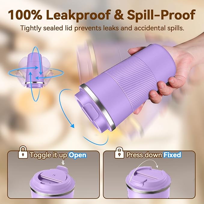 12OZ Travel Coffee Mug Insulated Coffee Cup with Spill Leak Proof Lid, Portable Stainless Steel Tumbler Reusable Hot and Cold Water Mug for Car, Daily, Camping- Purple