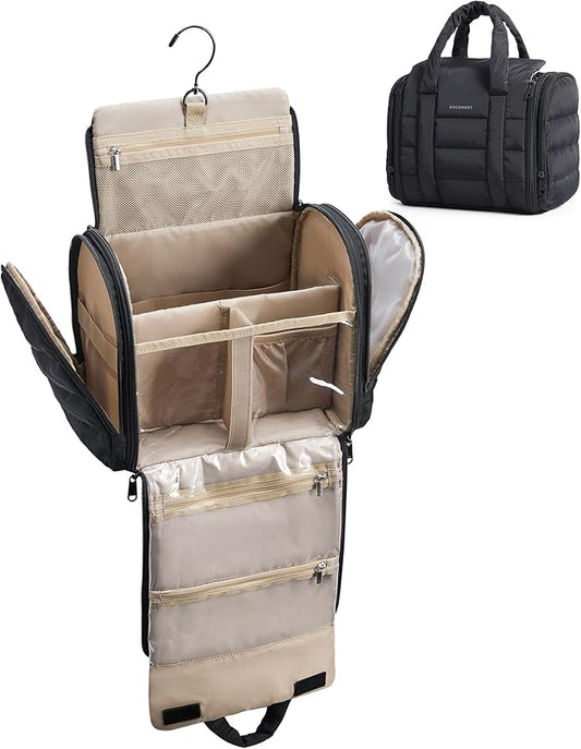 BAGSMART Travel Toiletry Bag with Removable Partition, Puffy Water-resistant Fabric Hanging Organizer for Full-Size Toiletries, Accessories, Black