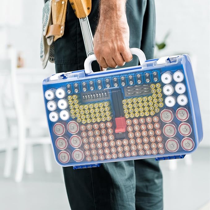 Battery Organizer Storage Holder Case with Double-Sided, Garage Box with Tester Checker. Batteries Container for 269pcs AA AAA AAAA 3A 4A 9V C D Lithium 4LR44 CR2 CR123A CR1632 CR2032 18650 - Blue