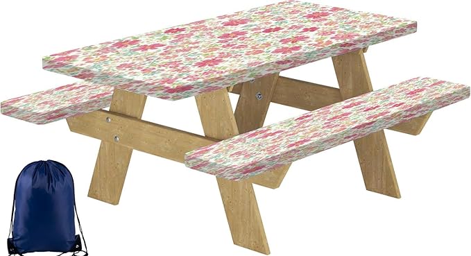 CAPSCEOLL Picnic Table Cover with Bench Covers Waterproof Camping Tablecloth Elastic Table Protector with Drawstring Bag for Camping Essentials, 72X30in, Pink Flowers