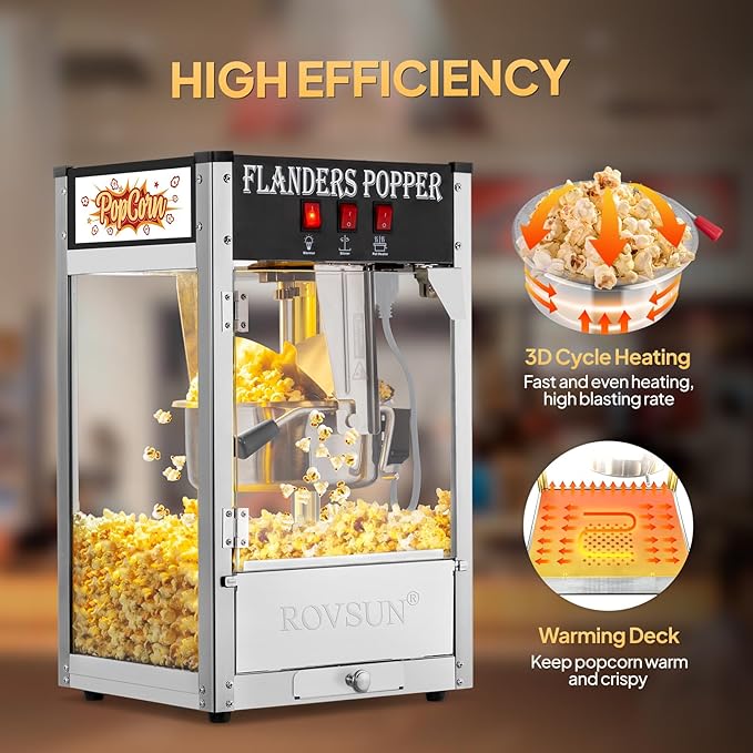 ROVSUN Popcorn Machine with 8 Ounce Kettle Makes Up to 32 Cups ETL Certified, Countertop Popcorn Maker Commercial Popcorn Machine Movie Theater Style w/Scoop, Oil Spoon & 3 Popcorn Cups, Black