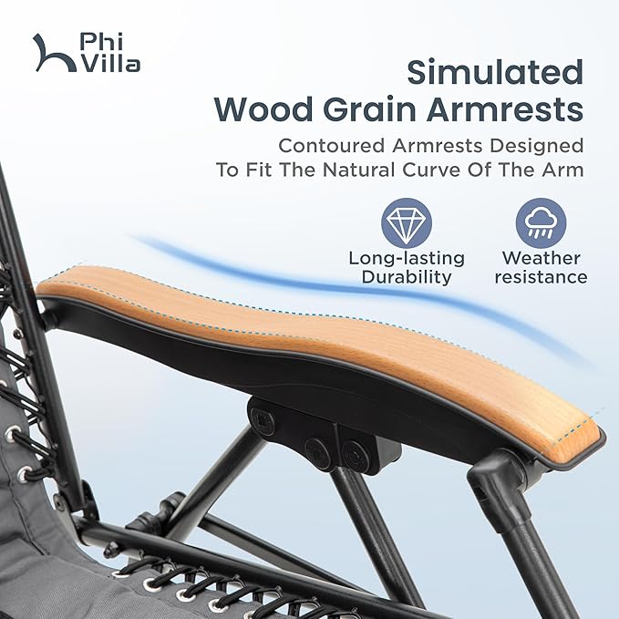 PHI VILLA XXL Oversized Padded Zero Gravity Chair, Foldable Patio Recliner, 30" Wide Seat Anti Gravity Lounger with Cup Holder, Set of 2, Support 400 LBS (Gray)