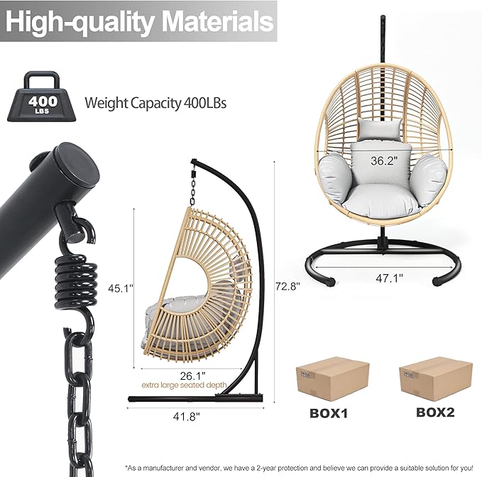 Hanging Egg Chair with Stand - Egg Swing Chair Outdoor Indoor Patio Wicker Chair Swing Hammock Egg Chairs 400lbs Capacity for Outside Patio, Bedroom, Garden and Balcony (Beige-Regular, 2P)