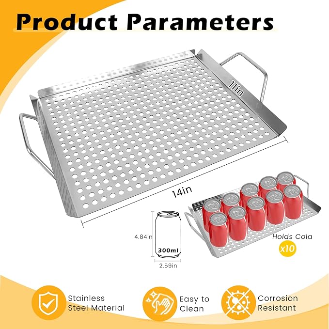 11 x 14 Inch Nonstick Grill Tray with Handles,Perforated Stainless Steel Grill Pans for Outdoor Grill,Heavy Duty Grilling Accessories for Charcoal/Gas Grills,Easy to Use and Clean