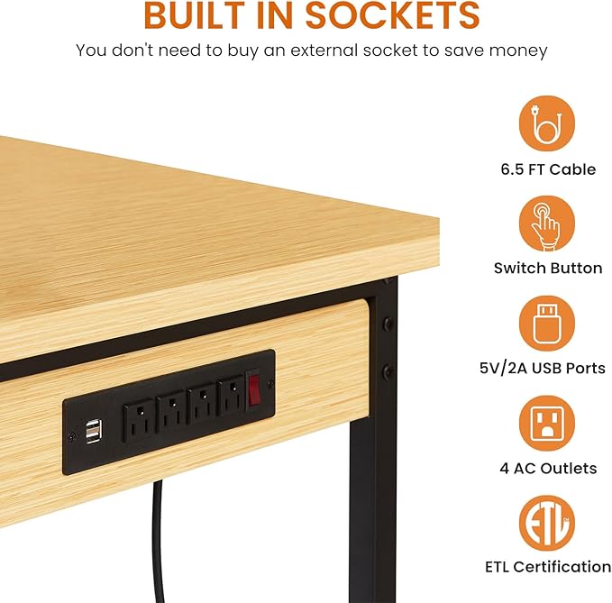 48'' Adjustable Workbench with Pegboard, Heavy Duty Wooden Desktop Workbench with Wheels, 2000 lb. Load Capacity, Rolling Workbench with AC/USB Outlet, Hooks, Shelf, for Garage, Workshop, Office, Home