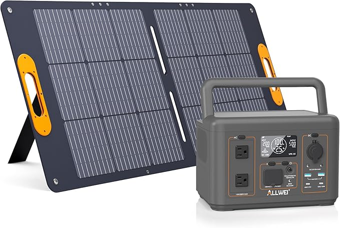 ALLWEI LiFePO4 Solar Generator 512Wh(Peak 1000W) with 100W Solar Panel, 500W Portable Power Station with UPS Mode, Pure Sine Wave AC Outlet, Home Battery Backup for Outdoor Camping RV Off-Grid Travel