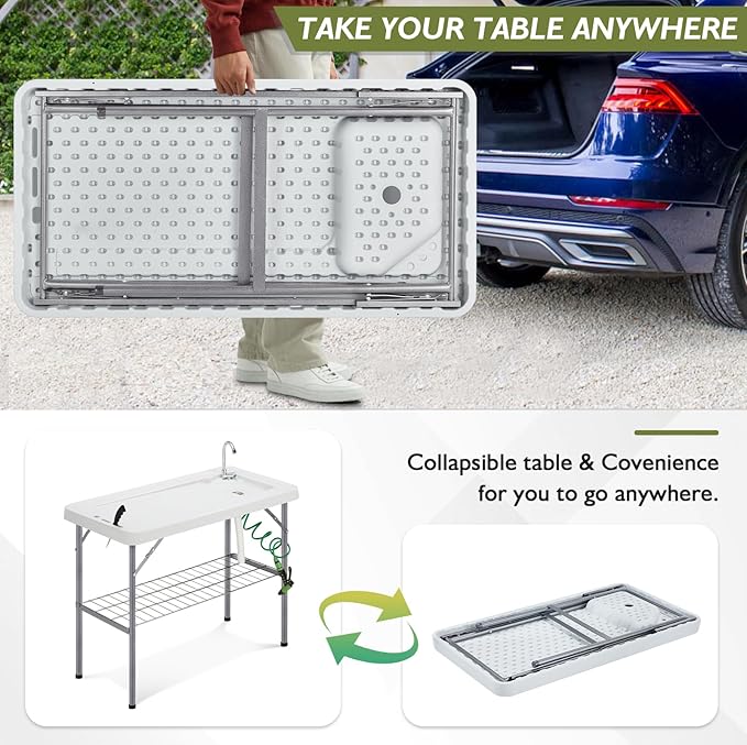 Folding Fish Cleaning Table Portable Camping Sink Table with Faucet Drainage Hose & Sprayer Outdoor Fish Fillet Cleaning Station with Grid Rack & Knife Groove for Picnic Fishing, Grey