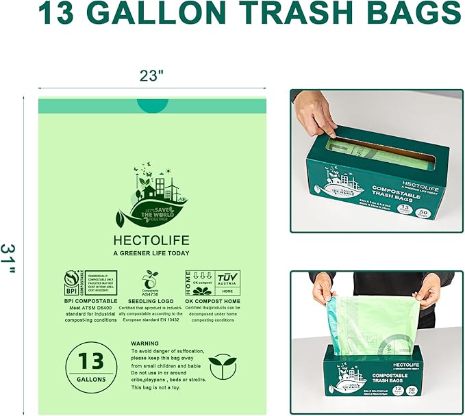 13 Gallon,50 Count, Compostable Trash Bags with Drawstring,Tear Resistant Kitchen Food Scrap Waste Bag, ASTM D6400, US BPI and Europe OK Compost Home Certified