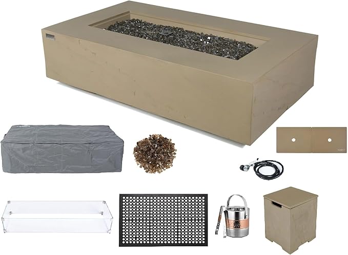 Elementi+ | Bundle Colorado Gas Fire Pit Cast Concrete 56" Rectangular Fire Table | Electronic Ignition | Canvas Cover, Fire Glass and Burner Lid Included | Sunlight Yellow | Propane Gas