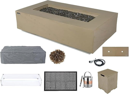 Elementi+ | Bundle Colorado Gas Fire Pit Cast Concrete 56" Rectangular Fire Table | Electronic Ignition | Canvas Cover, Fire Glass and Burner Lid Included | Sunlight Yellow | Propane Gas