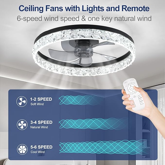 Ceiling Fans with Lights and Remote, 20 Inch Ceiling Fan with Light, Low Profile Reversible Fandelier Ceiling Fan, Dimmable LED, Flush Mount, Low Noise DC Motor, for Bedroom Kitchen Small Room