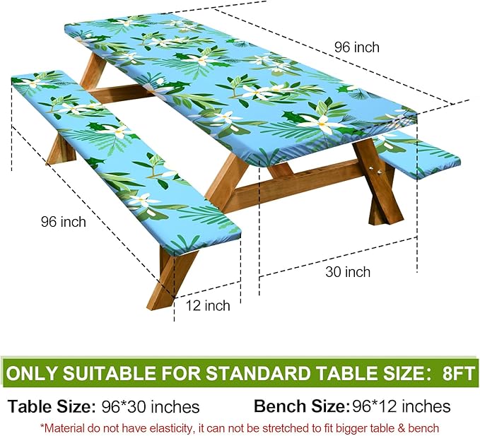 Picnic Table Cover with Bench Covers Camping Essentials Waterproof Windproof Camping Tablecloth with Drawstring Bag, Fitted Rectangle Tables and Seats, 96in, Blue White