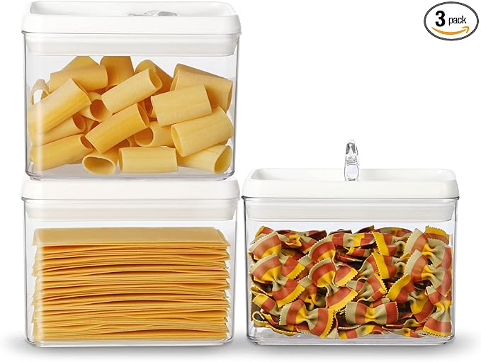 Felli Flip Tite Storage Container with Lid 4” RECTANGULAR Airtight Ring Flip Top, Stackable Kitchen Counter Pantry Organizer Acrylic Canister Jar for Pasta Spaghetti Cereal Granola Coffee (1.9qt)